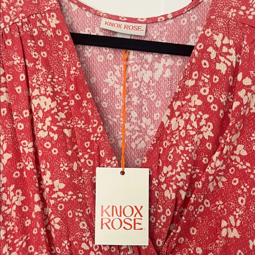 NWT Knox Rose Boho Pink Red Floral Maxi Smock Waist Dress with Cream Print Sz M - Picture 2 of 11